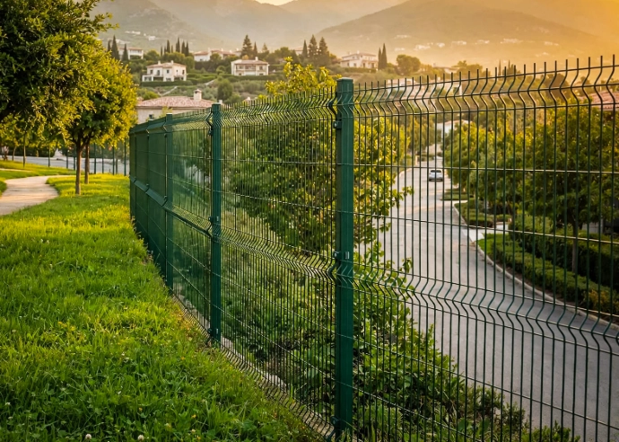 Cerca de alambre electrosoldado color verde en un paisaje verde